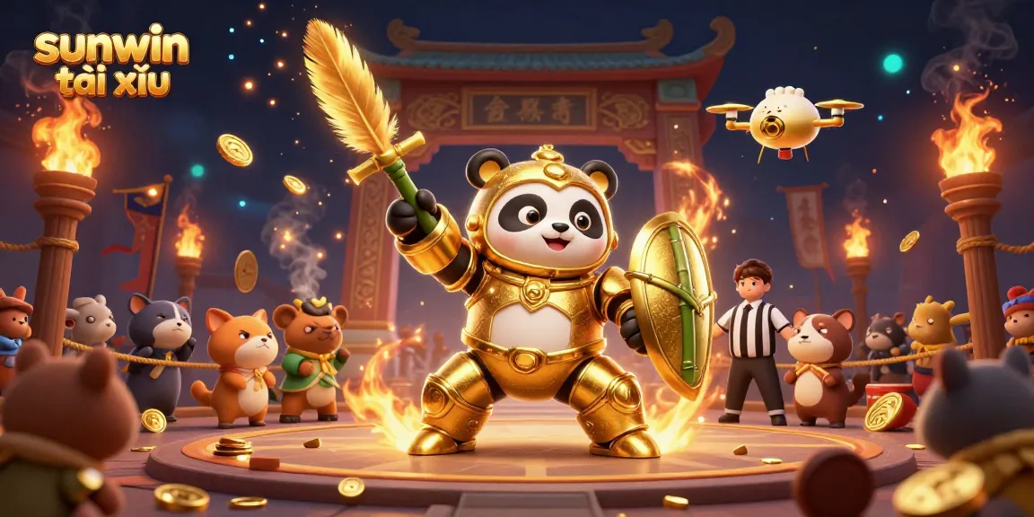 Engaging sunwin tài xỉu illustration featuring a golden panda in a mech-suit battling in a vibrant arena.