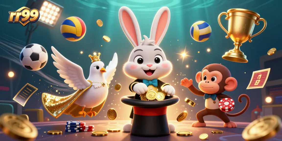 Experience rr99's exciting gambling universe with a magician rabbit, dove, and playful monkey amidst vibrant casino elements.