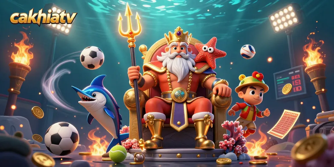 Cakhiatv showcases a vibrant 3D gambling scene with Neptune, sports balls, and a gold trophy, highlighting exciting betting action.