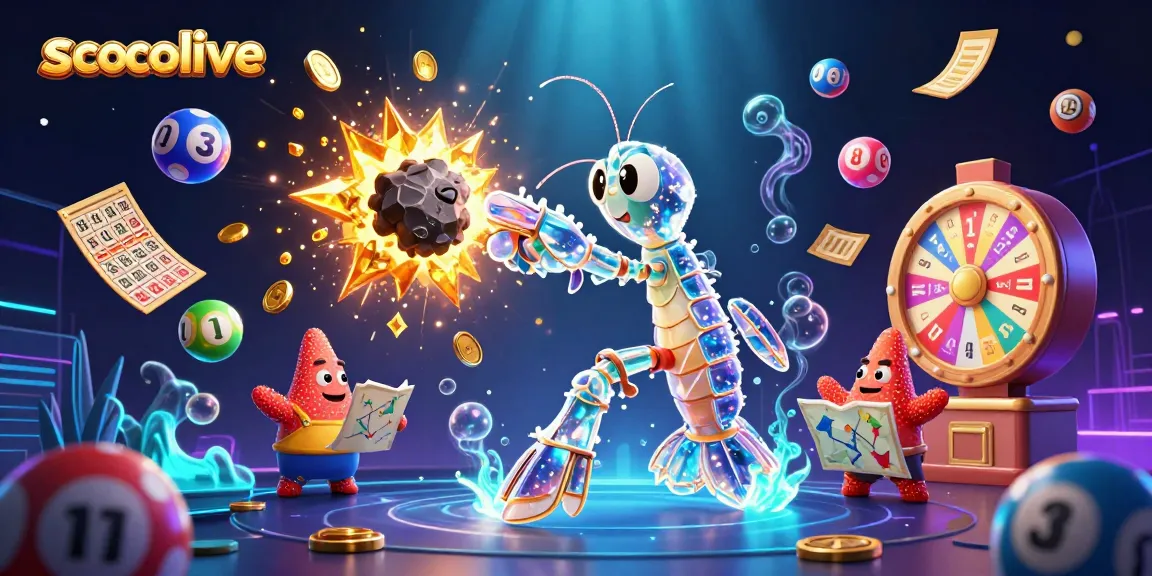 Socolive showcases a vibrant cartoon scene of a mantis shrimp and starfish amidst lottery excitement and gem explosions.