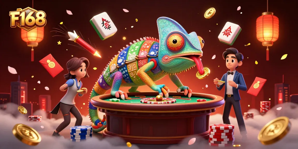 Experience F168's vibrant casino atmosphere with an engaging illustration of the chameleon owner and game elements.