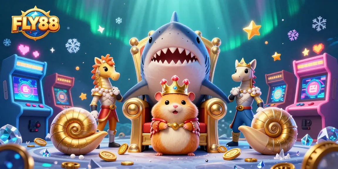 Join the thrill of FLY88 with a playful gambling scene featuring a golden hamster king and vibrant casino elements.