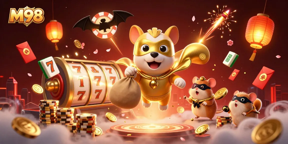 M98 captures the excitement of gaming with a superhero dog flying above slot reels and casino symbols.