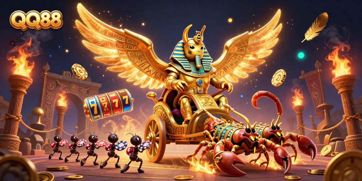 Experience the thrill of QQ88 with a vibrant casino illustration featuring colossal golden characters and slot game elements.